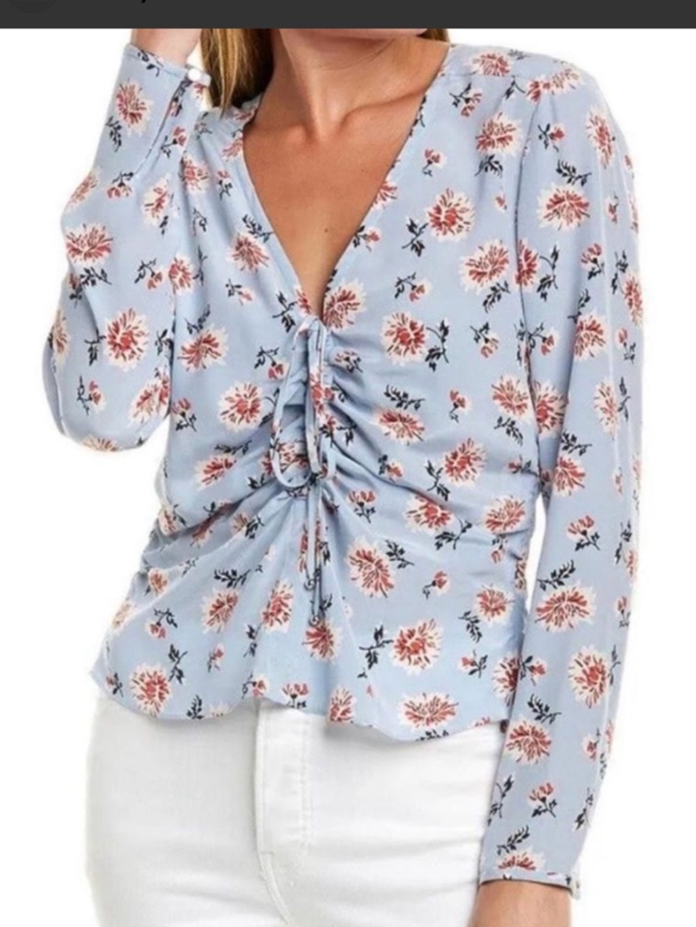 Veronica Beard Sky Blue Floral Ruched V-Neck Blouse
